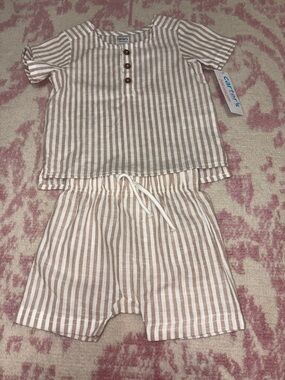 Carter's Beige and White 100% Cotton Striped Short-Sleeve Matching Set 9m